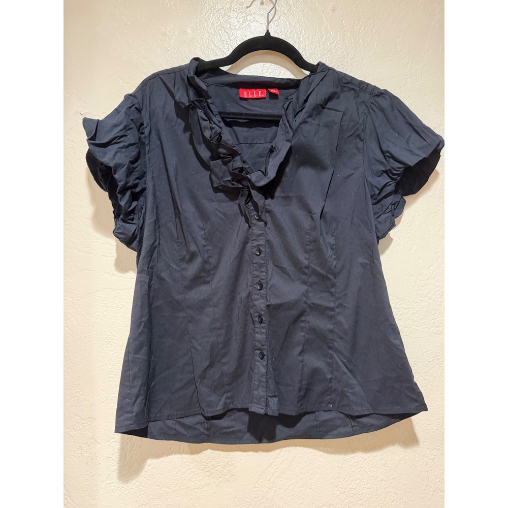 ELLE Women Black Ruffle V-Neck Puffed Cap Sleeve Button Down‎ Blouse Size XL